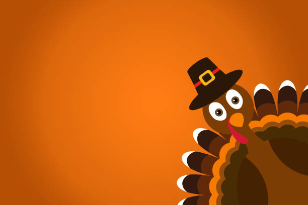 Cute Cartoon Turkey Pilgrim with hat on orange gradient background Thanksgiving poster