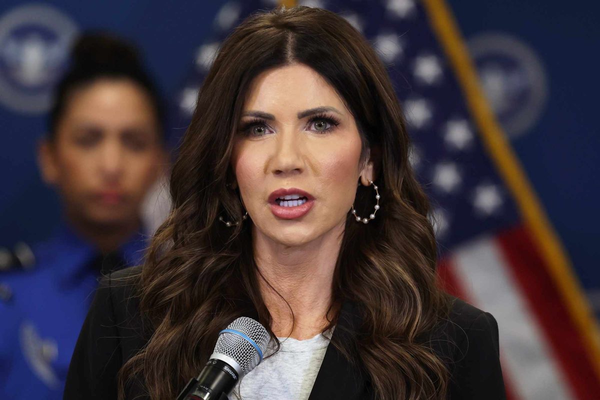 Kristi Noem at a press conference shortly after being fired